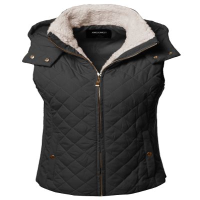 Awesome21 Full Zip Up Closure Faux Shearing Lined Quilted Padding Hoodie Vest Black S