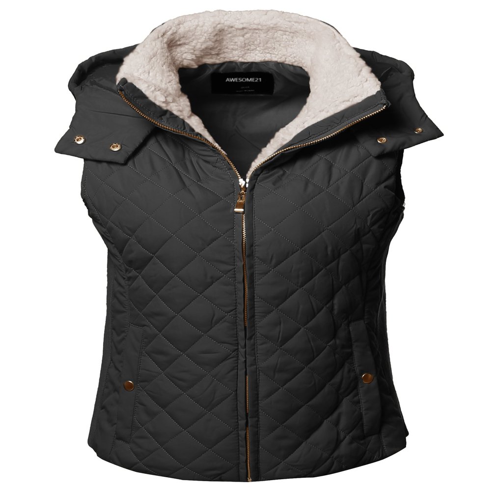 Awesome21 Full Zip Up Closure Faux Shearing Lined Quilted Padding Hoodie Vest Black S