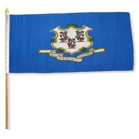 12x18 inch Connecticut flag mounted on a 24 inch (2 Foot) wooden stick staff (Super Polyester) Cloth Fabric (Sewn Edges for Durability) 12"x18"
