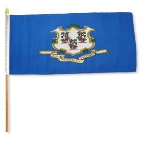12x18 inch Connecticut flag mounted on a 24 inch (2 Foot) wooden stick staff (Super Polyester) Cloth Fabric (Sewn Edges for Durability) 12"x18"