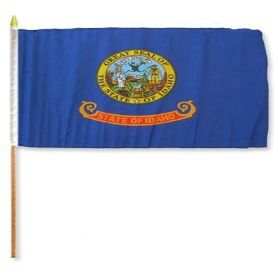 12x18 inch Idaho flag mounted on a 24 inch (2 Foot) wooden stick staff (Super Polyester) Cloth Fabric (Sewn Edges for Durability) 12"x18"