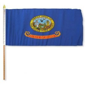 12x18 inch Idaho flag mounted on a 24 inch (2 Foot) wooden stick staff (Super Polyester) Cloth Fabric (Sewn Edges for Durability) 12"x18"
