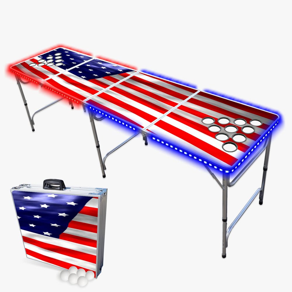 8-Foot Professional Beer Pong Table w/Cup Holes & LED Glow Lights - America Edition