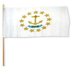 12x18 inch Rhode Island flag mounted on a 24 inch (2 Foot) wooden stick staff (Super Polyester) Cloth Fabric (Sewn Edges for Durability) 12"x18"