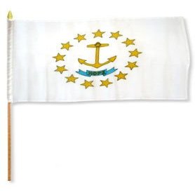 12x18 inch Rhode Island flag mounted on a 24 inch (2 Foot) wooden stick staff (Super Polyester) Cloth Fabric (Sewn Edges for Durability) 12"x18"