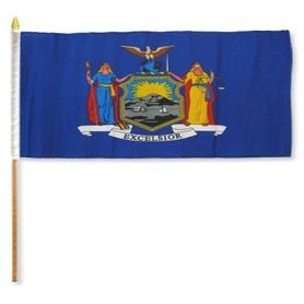 12x18 inch New York flag mounted on a 24 inch (2 Foot) wooden stick staff (Super Polyester) Cloth Fabric (Sewn Edges for Durability) 12"x18"