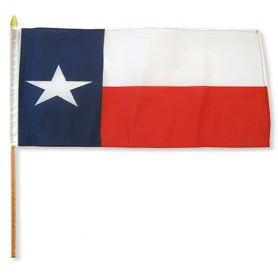 12x18 inch Texas flag mounted on a 24 inch (2 Foot) wooden stick staff (Super Polyester) Cloth Fabric (Sewn Edges for Durability) 12"x18"