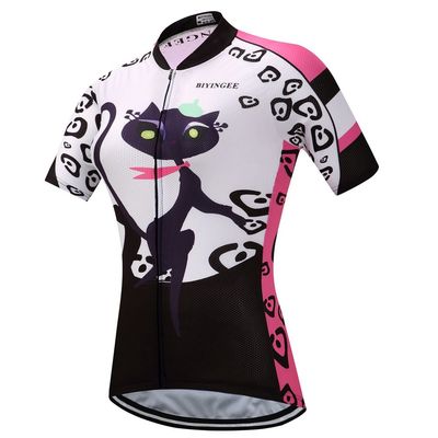 BIYINGEE Women's Cycling Jersey Short Sleeve Sweat Wicking Pink Cat Size XS