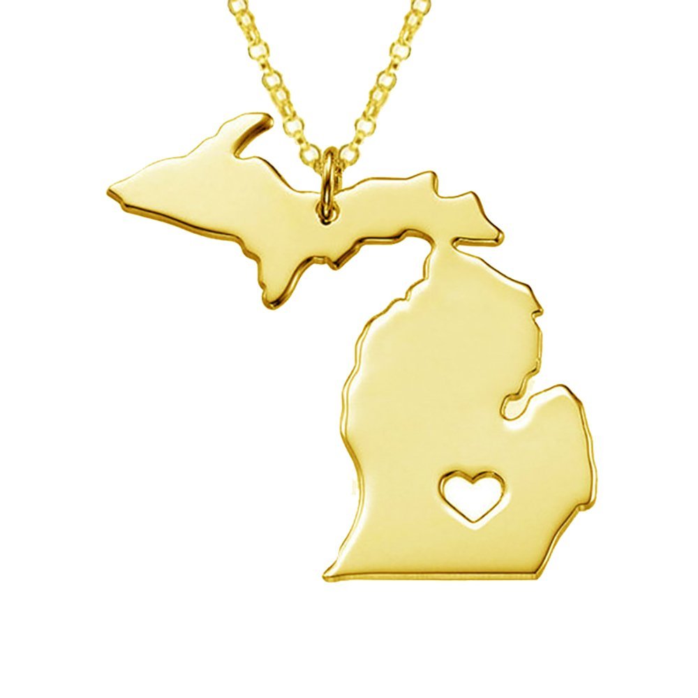 18K Gold Silver Country Map Charm Pendant Michigan State Map Necklace Jewelry (Gold)