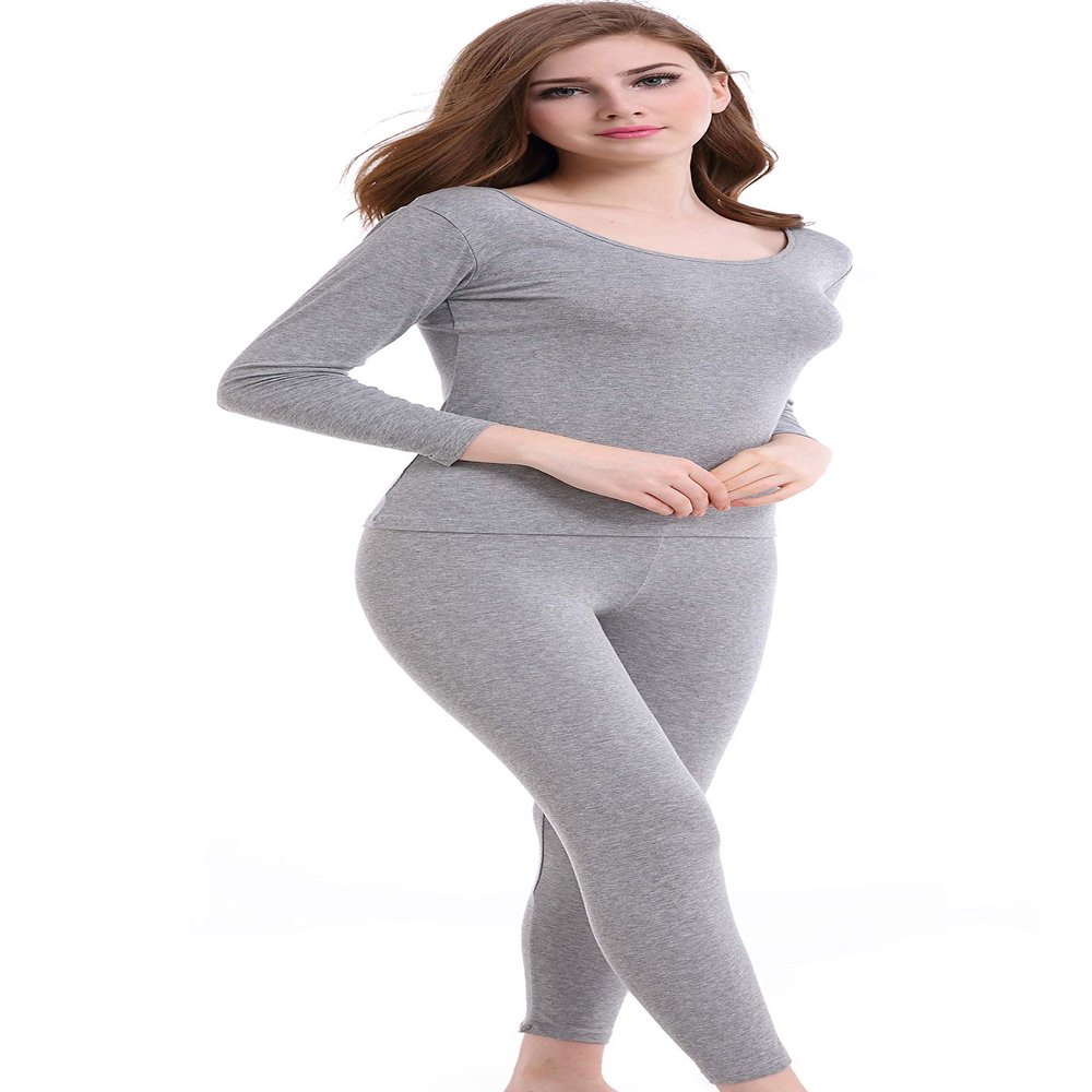 CnlanRow Thermal Underwear Women Long - Scoop Neck Ultra - Thin Johns Set Top & Bottom Light Gray