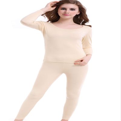 CnlanRow Thermal Underwear Women Long - Scoop Neck Ultra - Thin Johns Set Top & Bottom Apricot