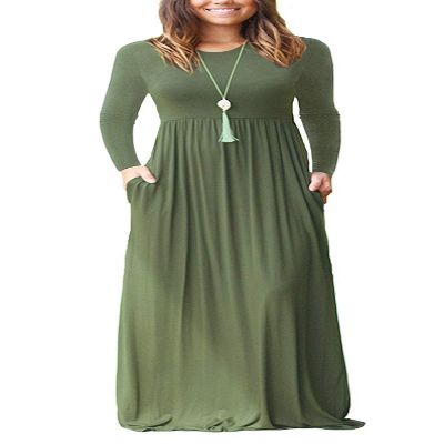 AUSELILY Plus Size Maxi Dress for Women Casual Long Sleeve Crewneck Empire Waist Long Dresses with Pockets 2026 Army Green XL