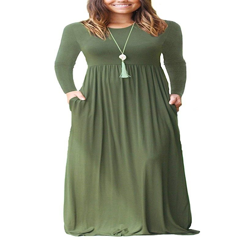 AUSELILY Plus Size Maxi Dress for Women Casual Long Sleeve Crewneck Empire Waist Long Dresses with Pockets 2026 Army Green XL