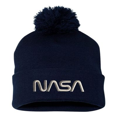 One Size Navy Pom NASA Worm Logo Embroidered Knit Beanie Pom Cap