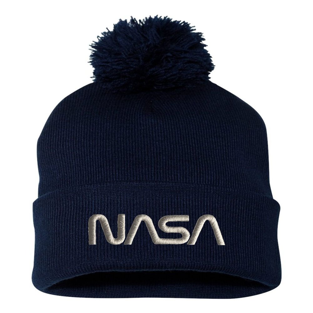 One Size Navy Pom NASA Worm Logo Embroidered Knit Beanie Pom Cap