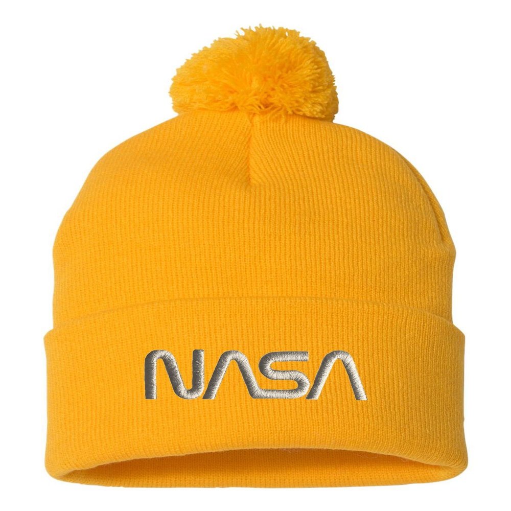 One Size Gold Pom NASA Worm Logo Embroidered Knit Beanie Pom Cap