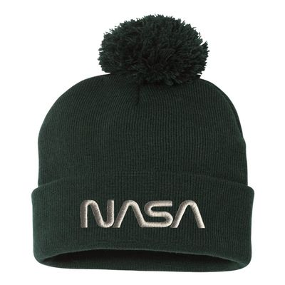 One Size Forest Pom NASA Worm Logo Embroidered Knit Beanie Pom Cap
