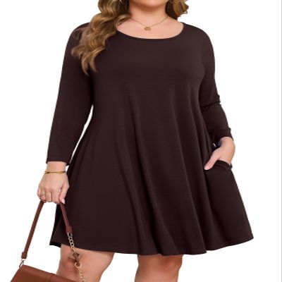 JollieLovin Women Plus Size 3/4 Sleeve Casual Dresses Crew Neck T Shirt Swing Dress with Pockets(Large,Coffee)
