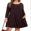 JollieLovin Women Plus Size 3/4 Sleeve Casual Dresses Crew Neck T Shirt Swing Dress with Pockets(Large,Coffee) view 1