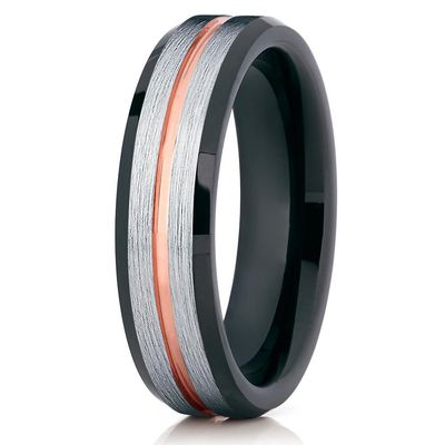 6mm Brushed Silver Tungsten Carbide Wedding Ring Rose Gold Groove Black Inlay Unisex Band 11.5