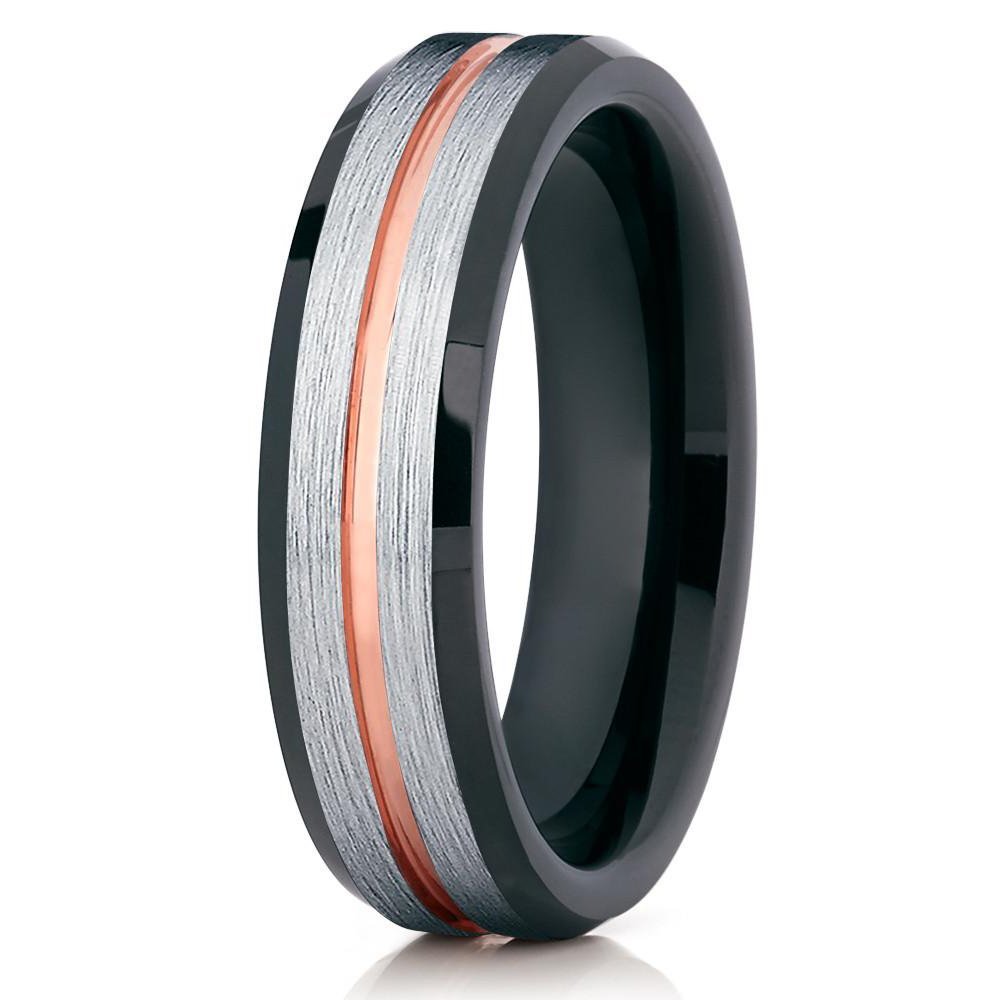 6mm Brushed Silver Tungsten Carbide Wedding Ring Rose Gold Groove Black Inlay Unisex Band 11.5