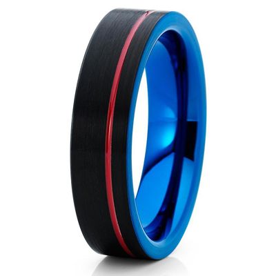 6mm Black Brushed Tungsten Carbide Wedding Band Red Groove Blue Inlay Pipe Cut Unisex Ring 7.5