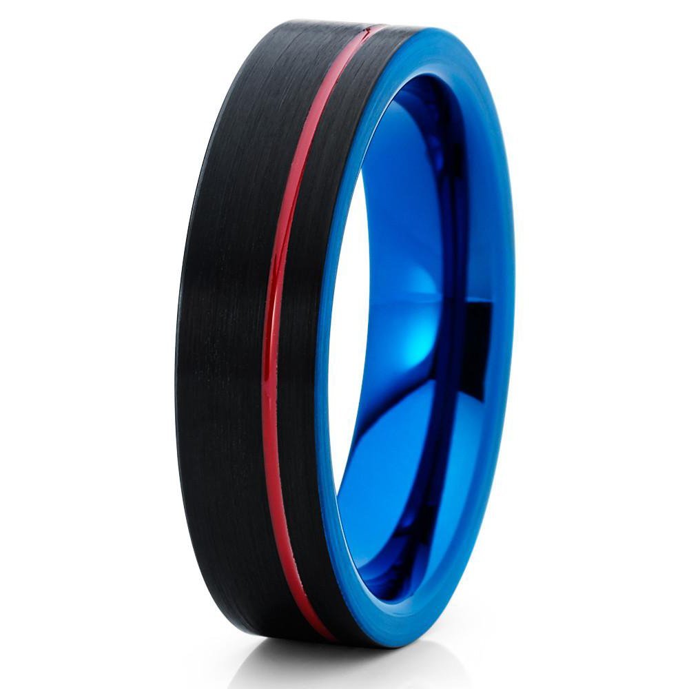6mm Black Brushed Tungsten Carbide Wedding Band Red Groove Blue Inlay Pipe Cut Unisex Ring 7.5