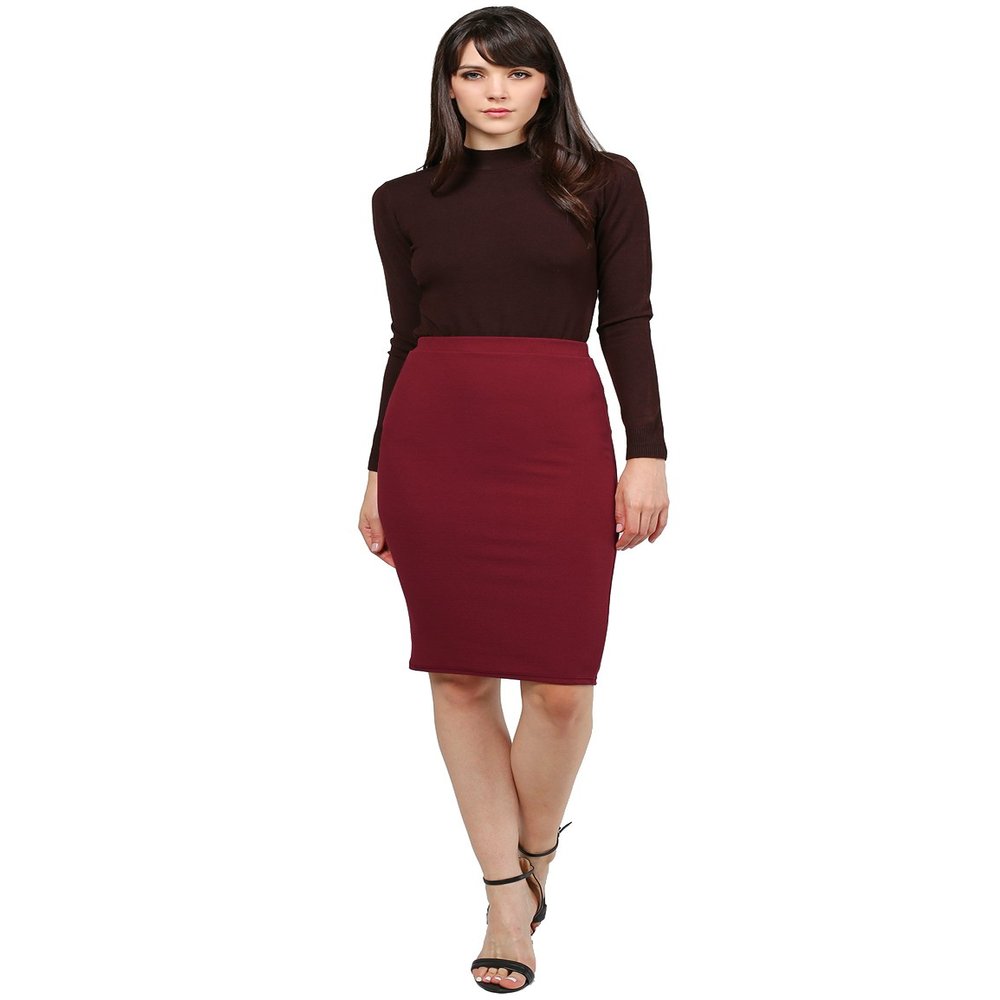 Fitted Solid Bubble Crepe High Waist Midi Pencil Skirt Burgundy Size S