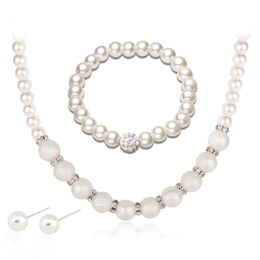 GRACE JUN Created/Faux Pearl Necklace Bracelet Earrings for Women Party Wedding Bridal Jewelry Set (A2)