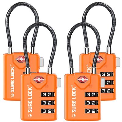 SURE LOCK TSA Approved Combination Luggage Locks with Open Alert Indicator Durable Zinc Alloy Cable Travel Locks with Large Easy-Read Dials for Suitcases, Backpacks & Gym Bags Orange 4 Pack