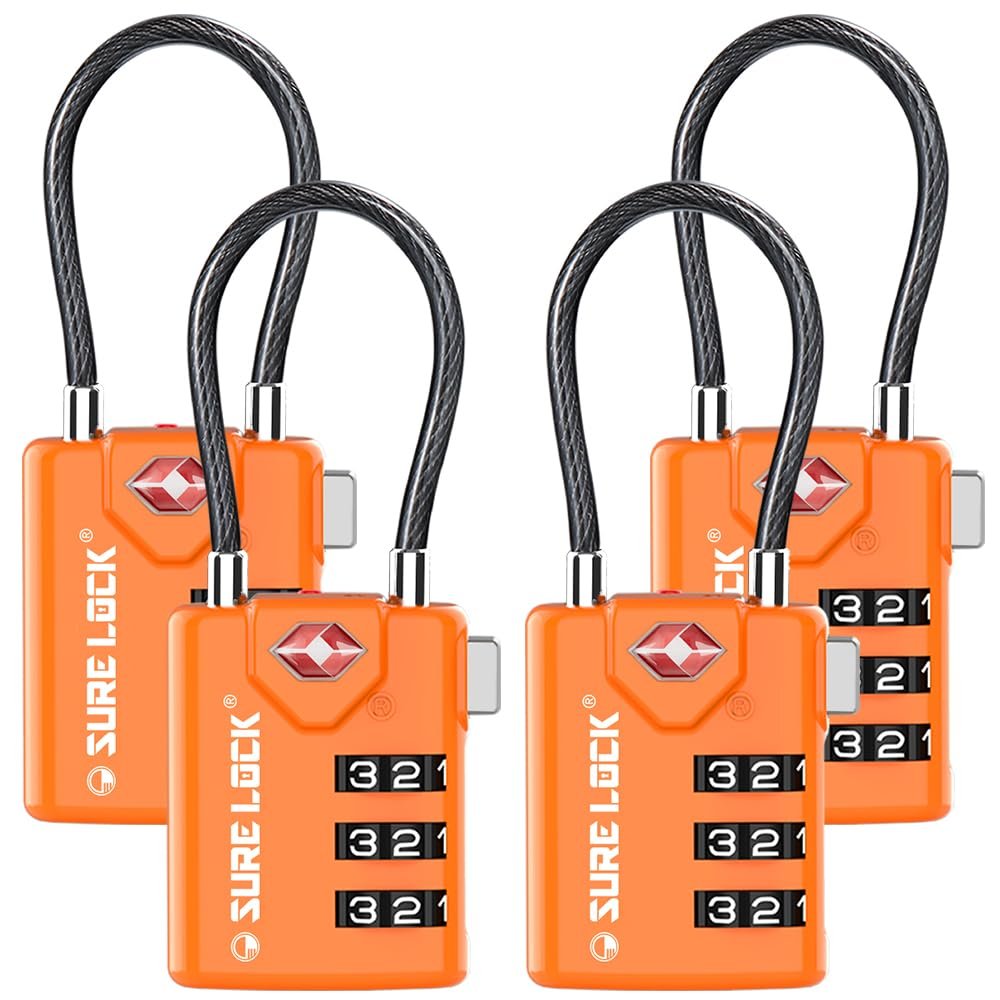 SURE LOCK TSA Approved Combination Luggage Locks with Open Alert Indicator  Durable Zinc Alloy Cable Travel Locks with Large Easy-Read Dials for Suitcases, Backpacks & Gym Bags Orange 4 Pack