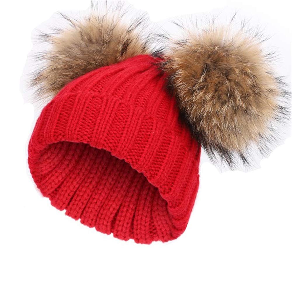 Raccoon Fur Hat Large Double Pom Pom Ball Knit Beanie Winter Ski Cap Bobble (Red)