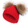 Raccoon Fur Hat Large Double Pom Pom Ball Knit Beanie Winter Ski Cap Bobble (Red) view 1