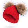 Raccoon Fur Hat Large Double Pom Pom Ball Knit Beanie Winter Ski Cap Bobble (Red) view 2