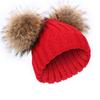 Raccoon Fur Hat Large Double Pom Pom Ball Knit Beanie Winter Ski Cap Bobble (Red) view 3