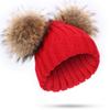 Raccoon Fur Hat Large Double Pom Pom Ball Knit Beanie Winter Ski Cap Bobble (Red) view 4