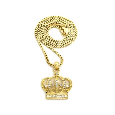NYFASHION101 Stone Stud Hollow Royal Crown Pendant with 2mm 24" Box Chain Necklace, Gold-Tone
