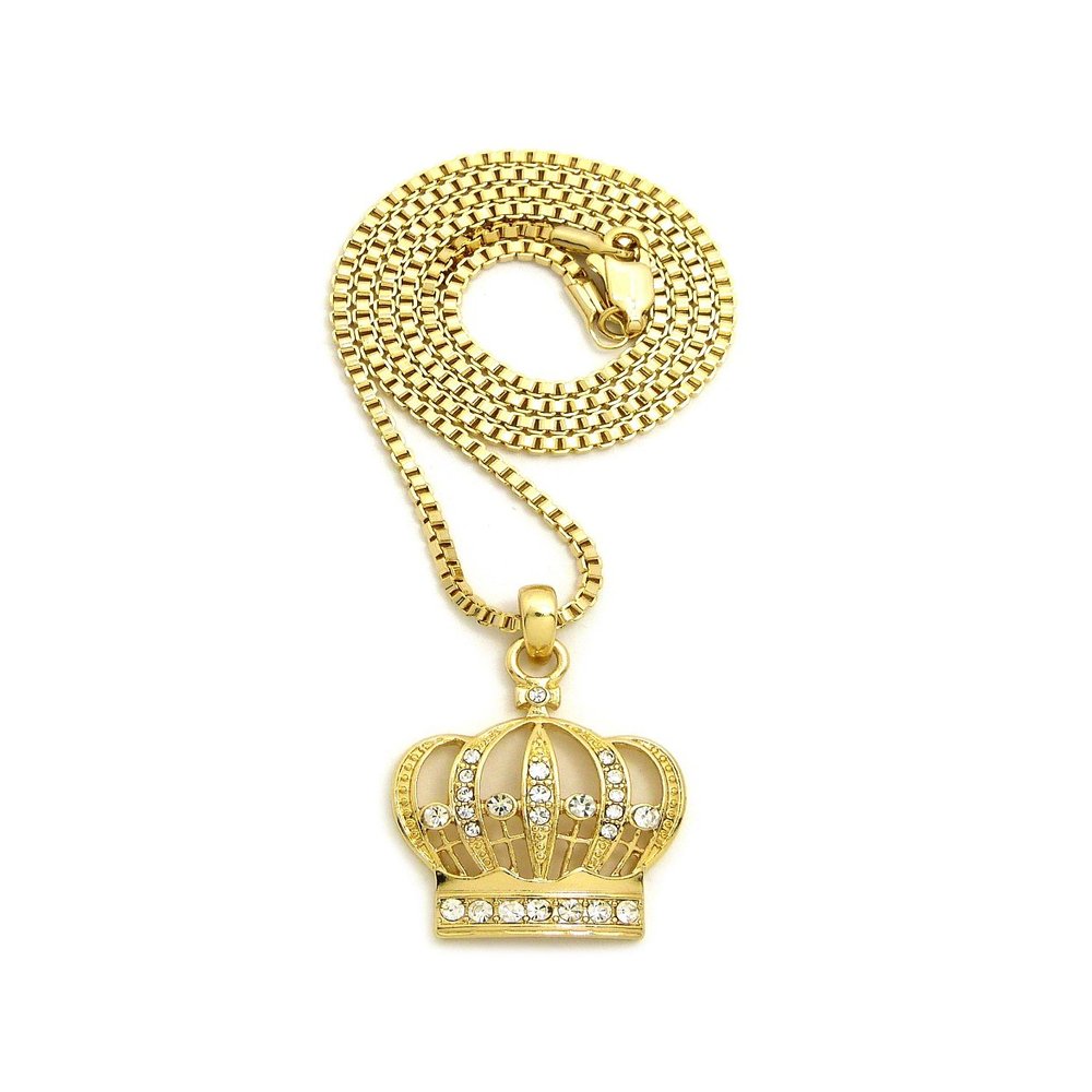 NYFASHION101 Stone Stud Hollow Royal Crown Pendant with 2mm 24" Box Chain Necklace, Gold-Tone