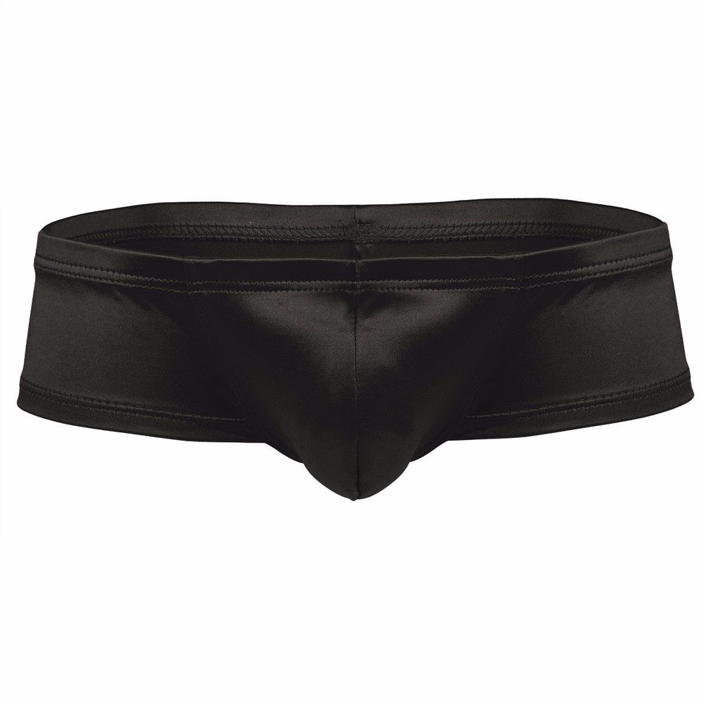 FEESHOW Men's Shiny Low Rise Bikini Briefs Bulge Pouch Cheeky Underwear Swimwear Black Large (waistline:28.0-38.5")