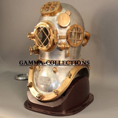 Vintage Brass Diving Divers Helmet Steel Antique Mark V Full Size w Wooden Base