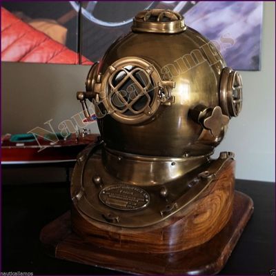 Antique Copper Brass Diving Divers Helmet Deep Sea Navy Diver Mark V 18" w / Bas