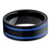 8mm Black Brushed Tungsten Carbide Wedding Band Double Blue Groove Pipe Cut Unisex Ring 8 view 2