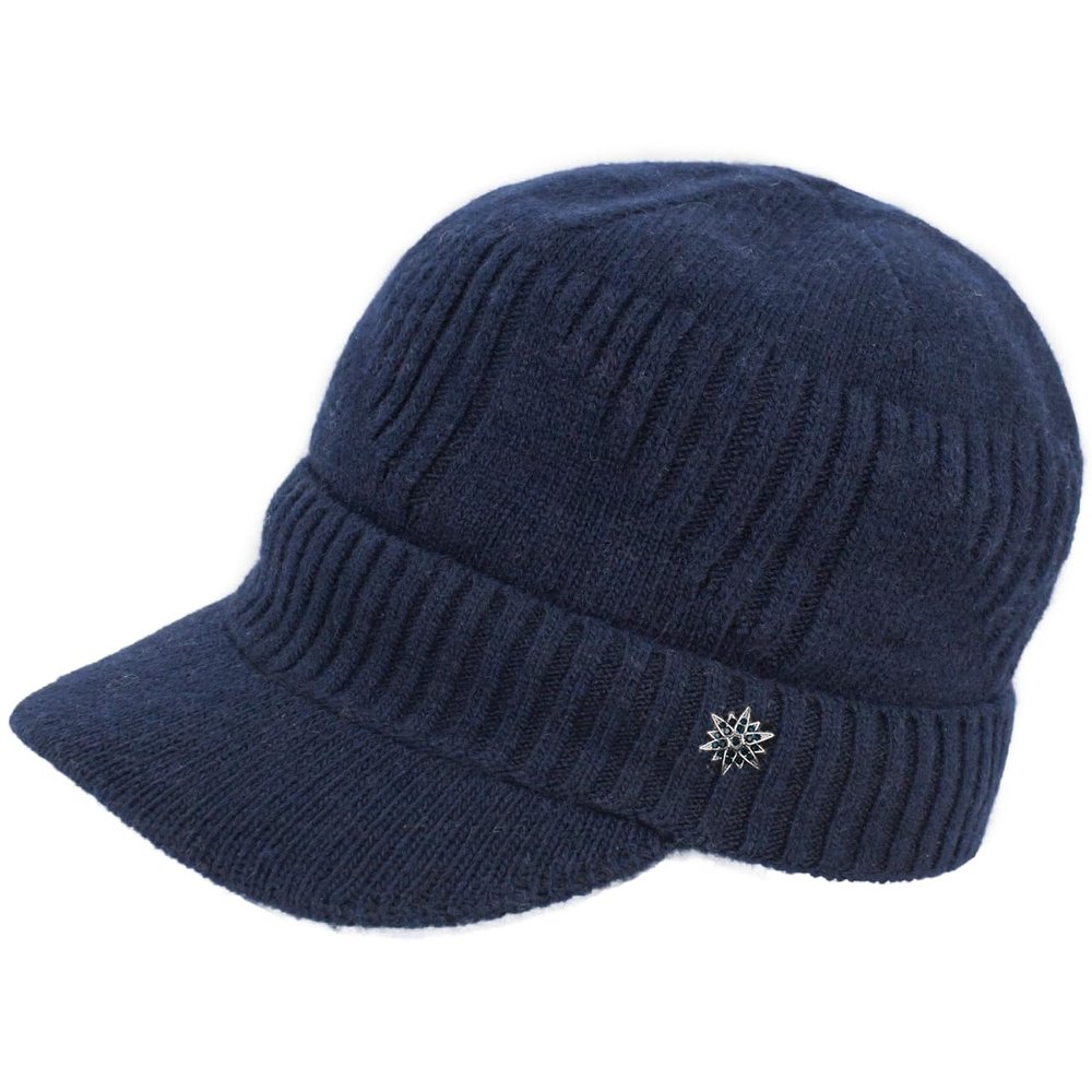 Dahlia Men's Beanie with Visor, Wool Winter Hat, Ribbed, Fleece Lined, Navy