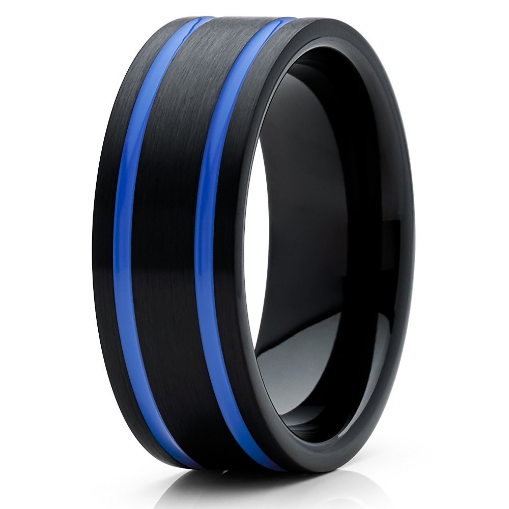 8mm Black Brushed Tungsten Carbide Wedding Band Double Blue Groove Pipe Cut Unisex Ring 11