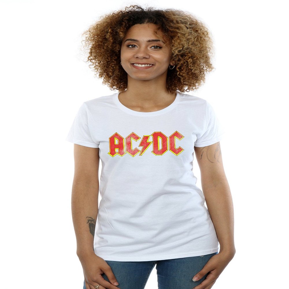 AC/DC Women's Distressed Red Logo T-Shirt Large White