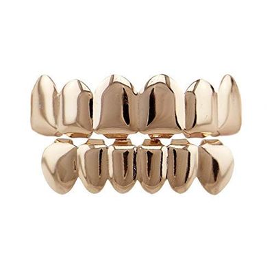 24K Gold Plated Hip Hop Punk Custom Fit Teeth Grillz Caps Top & Bottom Grill Set Removable (Rose Gold)
