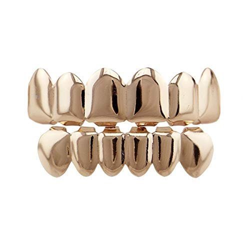 24K Gold Plated Hip Hop Punk Custom Fit Teeth Grillz Caps Top & Bottom Grill Set Removable (Rose Gold)