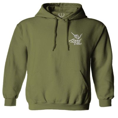 0012. Good Vibe Bones Hand Shaka Cool Vintage Hipster Graphic Sweatshirt Pullover Hoodie (Olive Medium)
