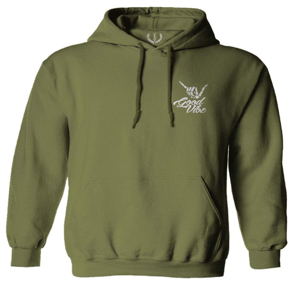 0012. Good Vibe Bones Hand Shaka Cool Vintage Hipster Graphic Sweatshirt Pullover Hoodie (Olive Medium)