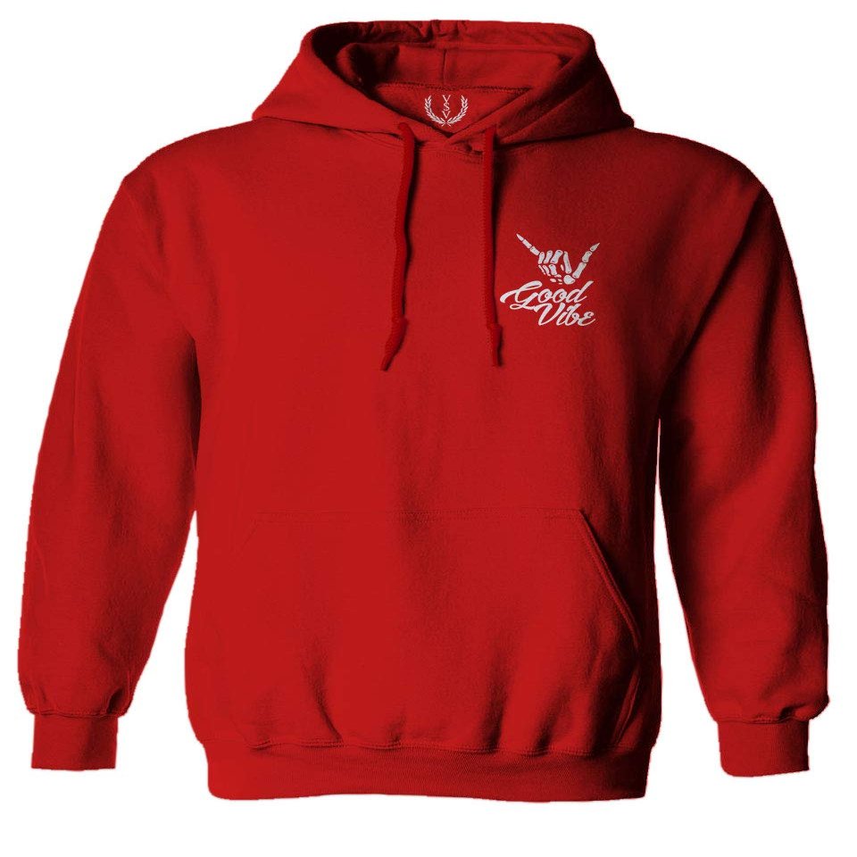 0012. Good Vibe Bones Hand Shaka Cool Vintage Hipster Graphic Sweatshirt Pullover Hoodie (RED, Large)